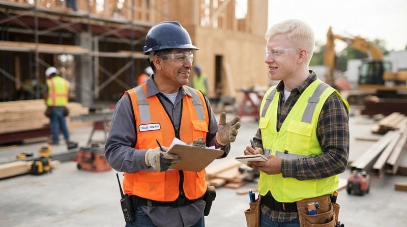 Trabajadores conversando en una obra de construcción