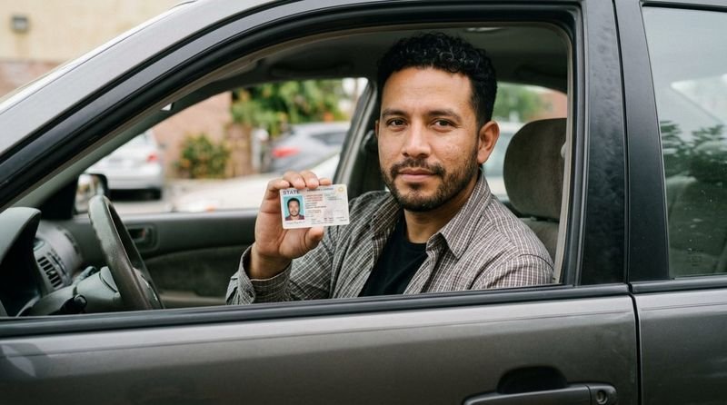 Hombre mostrando su licencia de manejo desde el auto